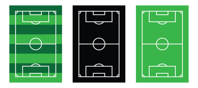 Three aerial views of soccer fields green black and green variations.