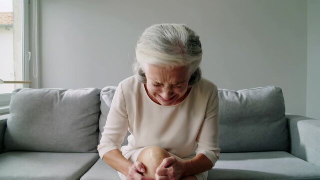 Mature woman in cream dress sitting on gray sofa holding painful knee with expression of agony