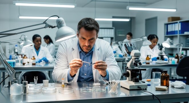A male scientist in a lab coat working with a microscope in a laboratory.