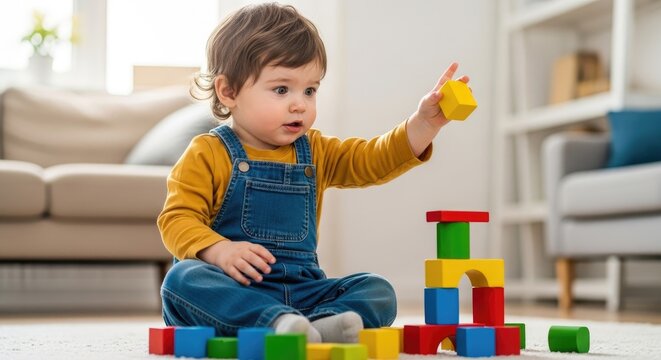 A toddler playing with colorful wooden blocks in a cozy living room.