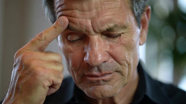Mature man touching forehead with finger while thinking in indoor setting close up