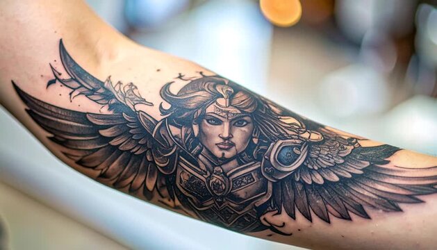 Detailed Black and Grey Tattoo of a Winged Goddess on a Human Arm