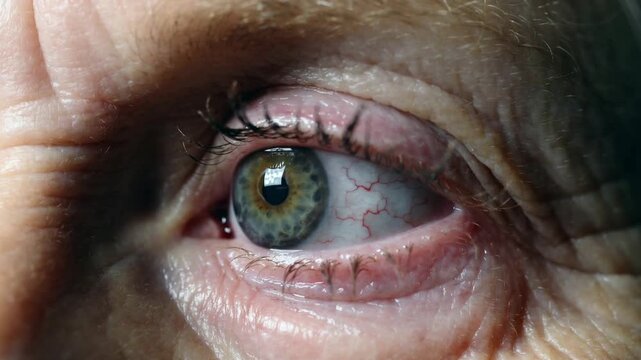 Mature woman eye with visible red veins looking at camera extreme close up technique