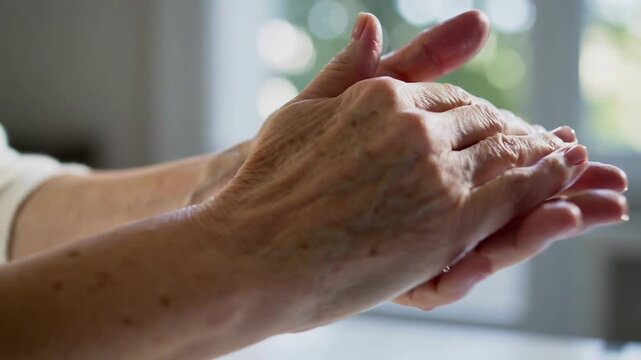 Mature woman rubbing hands together with moisturizing cream in bright indoor setting close up