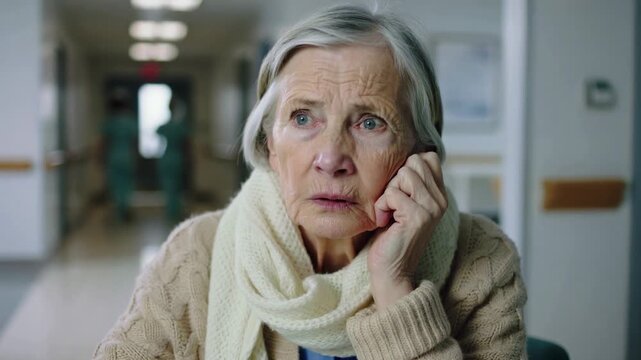 Mature woman sitting in hospital corridor wearing beige sweater and cream scarf, close up shot