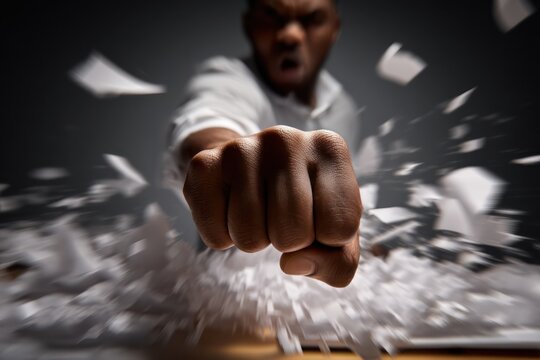 Stressed man slamming fist in office environment