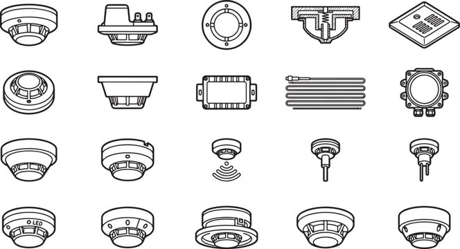 A comprehensive collection of fire alarm smoke detectors presented in a simple illustration, focusing on safety and technological innovation.
