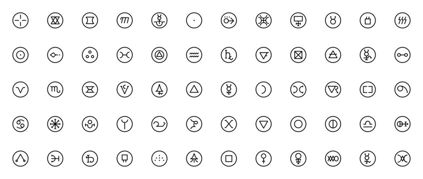 Ancient Symbols icon set. Vector symbol collection. Includes zodiac signs like Taurus, Pisces, Aquarius, Aries, Virgo, Cancer, Libra, and symbols like circled dot and Venus. Editable stroke.