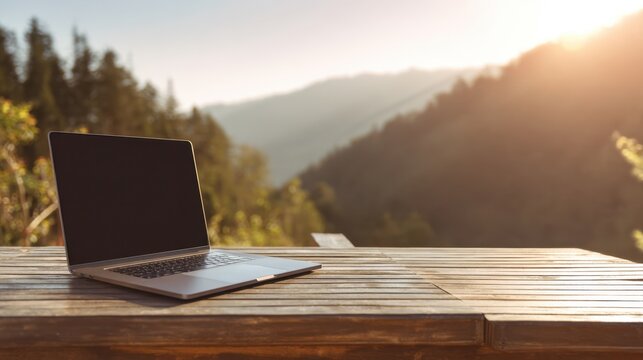Laptop Open on Wooden Table Outdoors