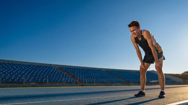 Exhausted male athlete rests after running on a track at a sunny stadium