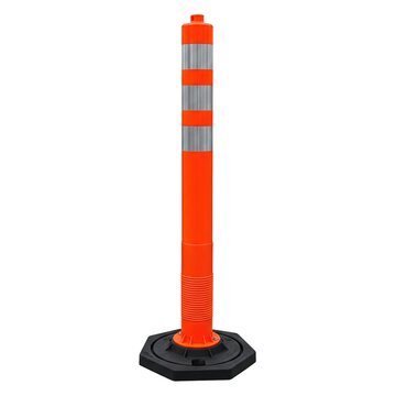 Orange traffic delineator post with reflective stripes on black base for road safety zone
