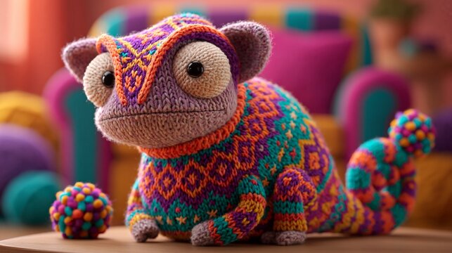 Ein niedliches, gestricktes Cham&auml;leon-Pl&uuml;schtier mit buntem Strickmuster sitzt auf einem weichen Untergrund.