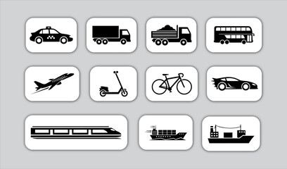 Transportation icons set featuring cars trucks buses trains and delivery vehicles in clean vector design suitable for transport and traffic use © Sree Karnno Chandra 