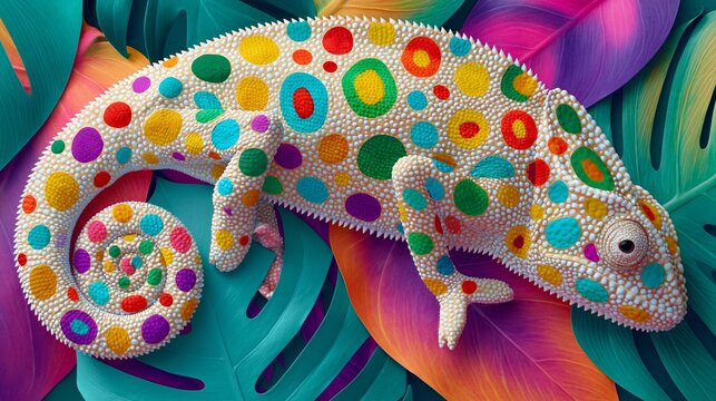 Ein Cham&auml;leon mit handgearbeiteter, mosaikartiger Oberfl&auml;chentextur aus bunten Perlen und Schuppen liegt auf farbigen T&uuml;chern