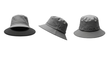 Fototapeta premium Set of gray waterproof bucket hats in three views for fishing hiking and rain protection