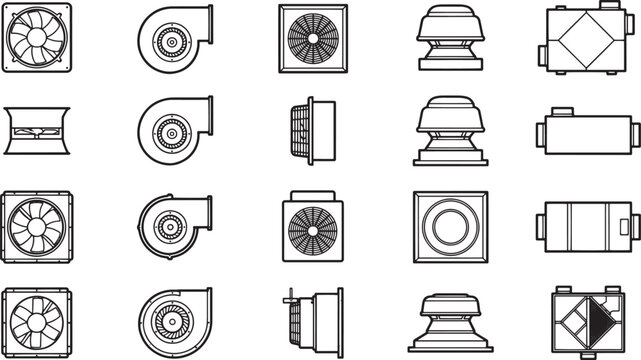 Air conditioning components and HVAC system elements are rendered in a monochromatic illustration. This visual emphasizes their design and functionality for engineering or architectural purposes. 