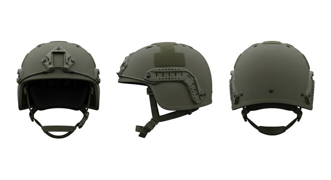 Green military tactical combat helmet shown from front side and back views for army soldier