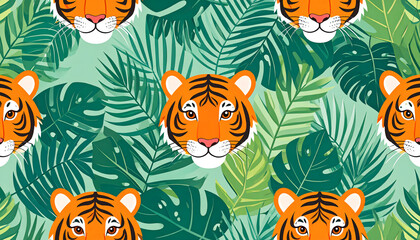 Obraz premium Seamless wallpaper pattern of hidden tiger faces among dense stylized jungle leaves with vibrant orange and forest green colors generative AI