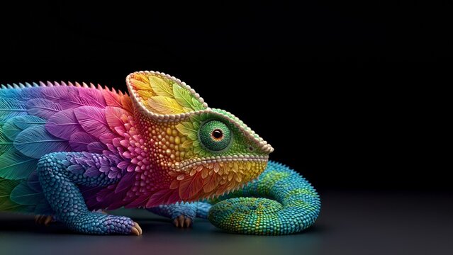 Ein Cham&auml;leon mit einem farbenfrohen Regenbogen-Federkamm liegt auf einer dunklen Oberfl&auml;che und zeigt ein beeindruckendes Farbenspiel