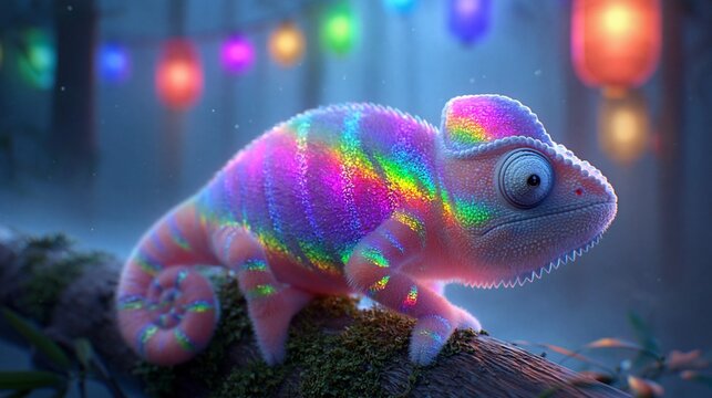 Ein bunt leuchtender Cham&auml;leon sitzt auf einem Ast in einer mystischen Waldszene mit farbigen Laternen im Hintergrund