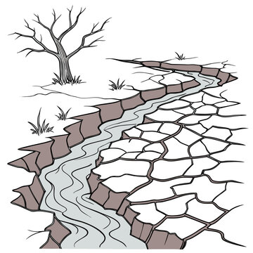 A desolate landscape with a dry riverbed and a bare tree standing alone