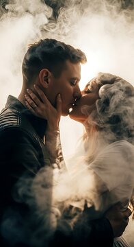 Couple embraces, sharing an intimate kiss enveloped in ethereal smoke and golden light