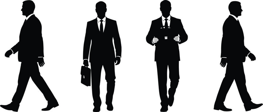 PrintSolid black silhouettes of professional businessmen in formal suits walking and standing isolated on a plain white background for design