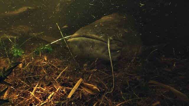 A light avoiding wels catfish Silurus glanis rests in shade at the bottom of a lake, with its body hidden in a hole and its head placed at the entrance during daytime.