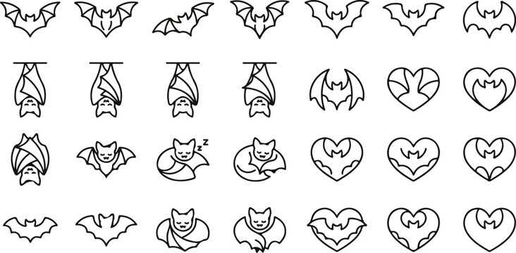 Collection of bat line art icons featuring flying bats, hanging bats, and bats in heart shapes.