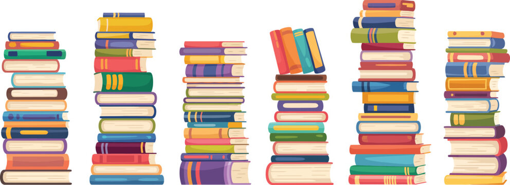 High book stacks and piles of vector books, school textbooks and bestsellers, dictionaries and encyclopedias, library or bookstore literature, isolated cartoon style stacks representing knowledge, 