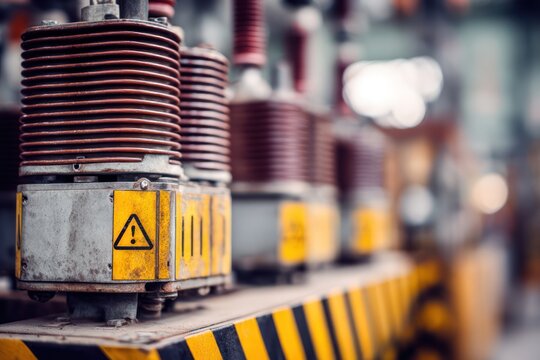 Industrial power station transformer with warning labels