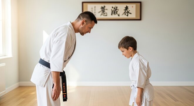 A man and a boy in a karate studio, with a framed Chinese calligraphy painting in the background.