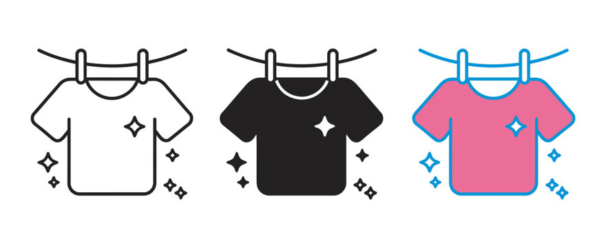 Clothes drying icon set vector, black outline laundry hanging clean garments freshness symbols, minimal UI illustration isolated