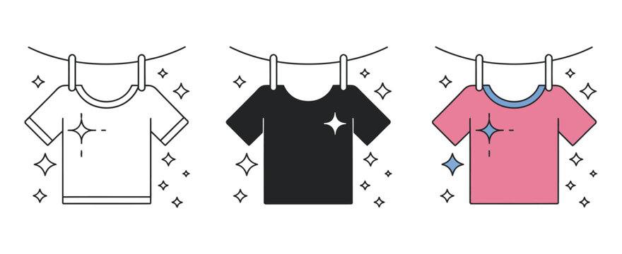 Clothes drying icon set vector, black outline laundry hanging clean garments freshness symbols, minimal UI illustration isolated