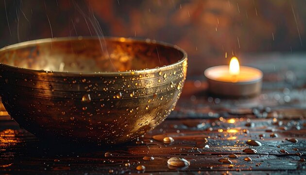 Tibetan brass singing bowl on aged dark wood, water droplets vibrating on rim edge, close macro lens, warm copper and bronze tones, soft candlelight rim glow, pin-sharp 32k, full ultra hd, high resolu