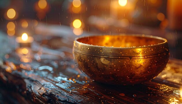 Tibetan brass singing bowl on aged dark wood, water droplets vibrating on rim edge, close macro lens, warm copper and bronze tones, soft candlelight rim glow, pin-sharp 32k, full ultra hd, high resolu