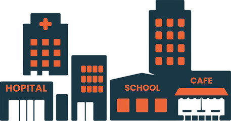 Fototapeta premium Minimalist city street vector featuring hospital, school, and cafe icons.