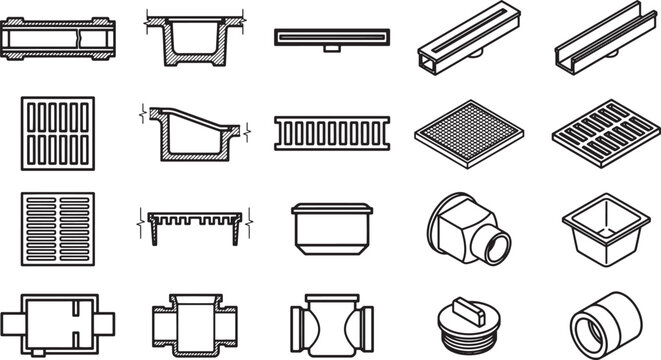 A collection of industrial drain components, displayed in a precise technical illustration, essential for architectural and engineering designs.