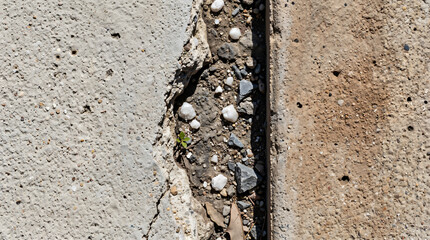 Fototapeta premium A tiny green sprout emerges from a narrow crack in weathered concrete filled with dirt and small white stones. The top-down view captures a moment of resilient growth amidst rough, urban decay.