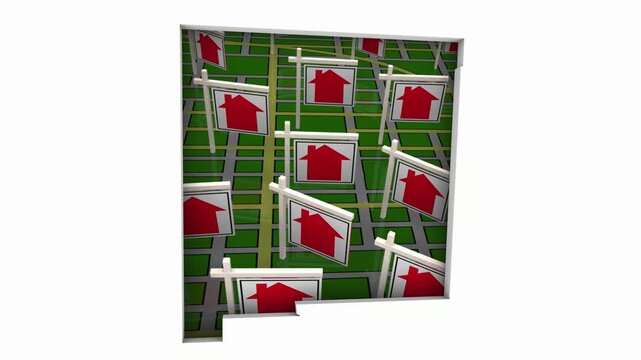 New Mexico NM State Real Estate Market Homes Houses For Sale Signs Map Move Relocate 3d Animation