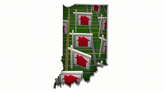Indiana IN State Real Estate Market Homes Houses For Sale Signs Map Move Relocate 3d Animation