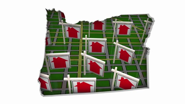 Oregon OR State Real Estate Market Homes Houses For Sale Signs Map Move Relocate 3d Animation