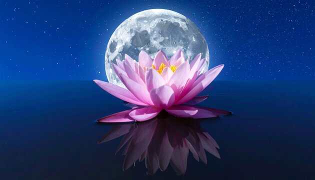 Single lotus flower floating on perfectly still midnight-blue water, silver moonbeam reflection, extreme telephoto compression, crisp petal texture, absolute silence captured