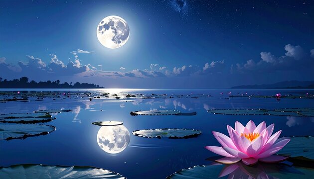 Single lotus flower floating on perfectly still midnight-blue water, silver moonbeam reflection, extreme telephoto compression, crisp petal texture, absolute silence captured