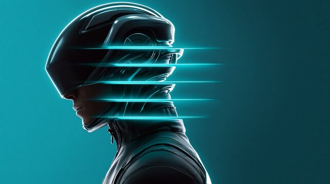 Eine Person mit schwarzem Motorradhelm und Lederjacke wird von leuchtend t&uuml;rkisfarbenen Linien horizontal durchzogen