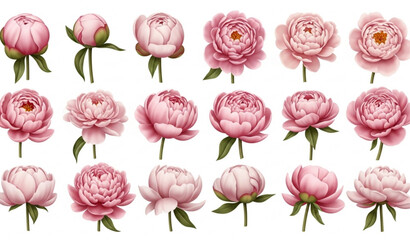 3D pink peony flowers collection with blooming floral elements isolated vector set © Md