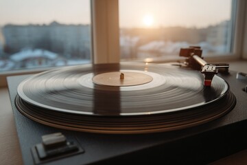 Fototapeta premium Sunset Through Window, Vinyl Record Player in Foreground