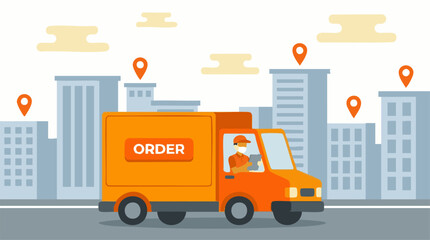 Fototapeta premium Illustration of orange delivery truck with masked driver in city