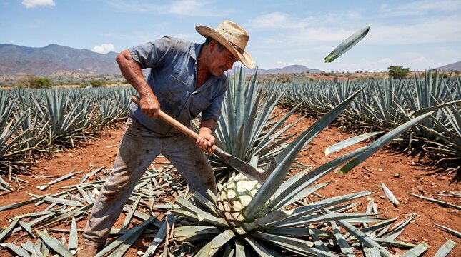 Traditional Jimador Harvesting Blue Agave Plant in Jalisco Mexico Field