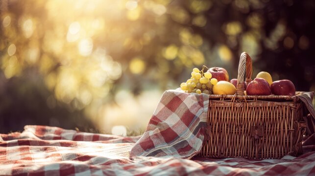 Picnic Basket Filled With Fruit Outdoors